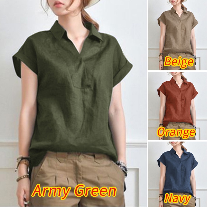 Áo ZANZEA tay ngắn cổ bẻ form rộng chất liệu cotton trẻ trung cho nữ