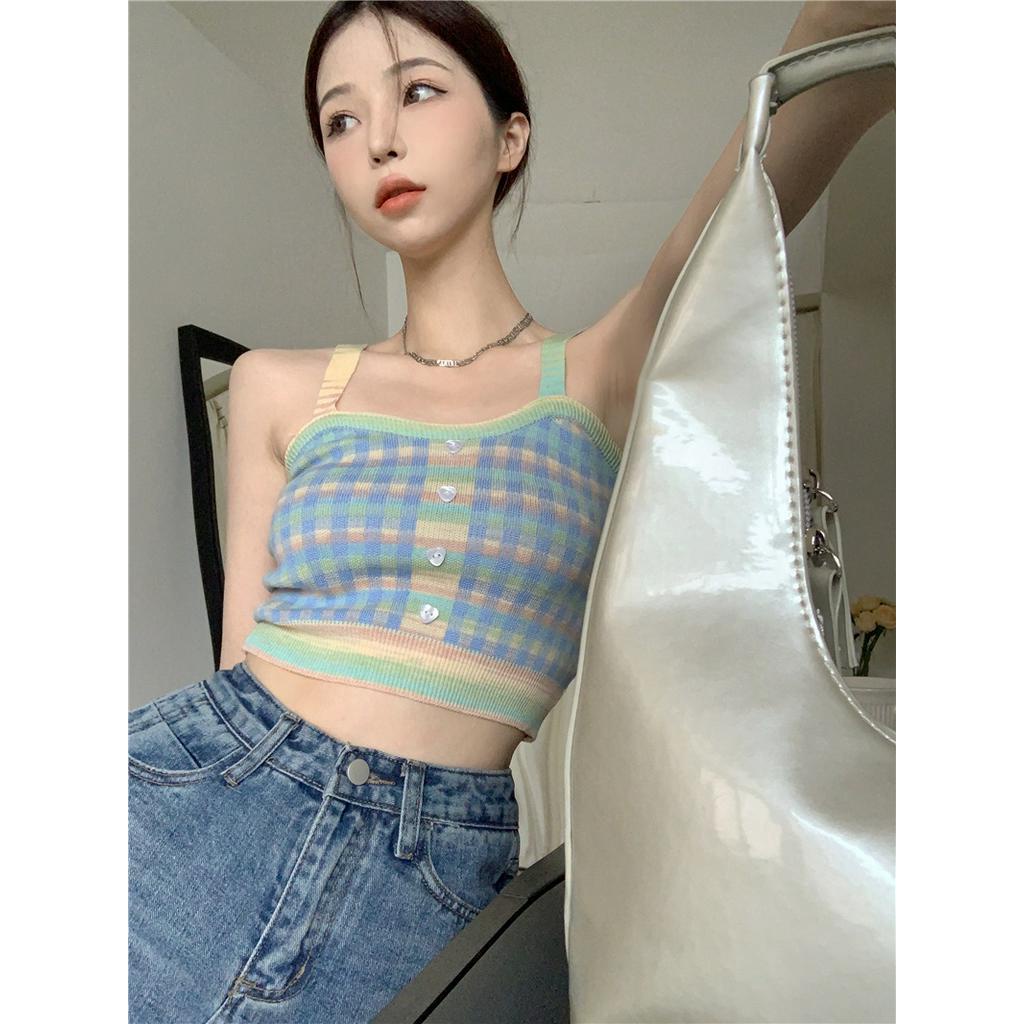 Áo Hai Dây Dệt Kim Ngắn Họa Tiết Sọc Caro Màu Sắc Thời Trang Mùa Hè 52842