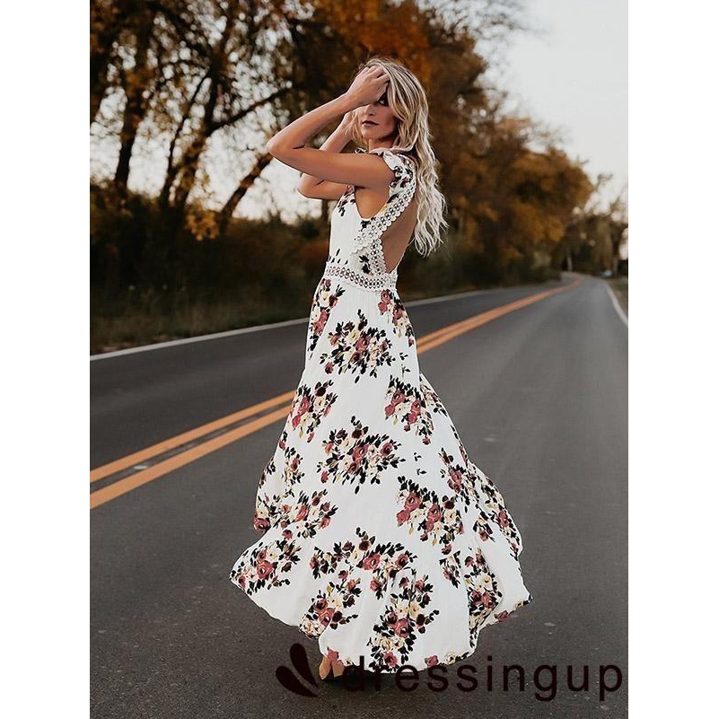 Đầm maxi đi biển hoạ tiết hoa phong cách Bohomian