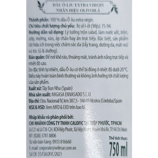 Dầu Ôliu Extra Virgin Olivoilà 750ml nguyên chất nhập khẩu Tây Ban Nha