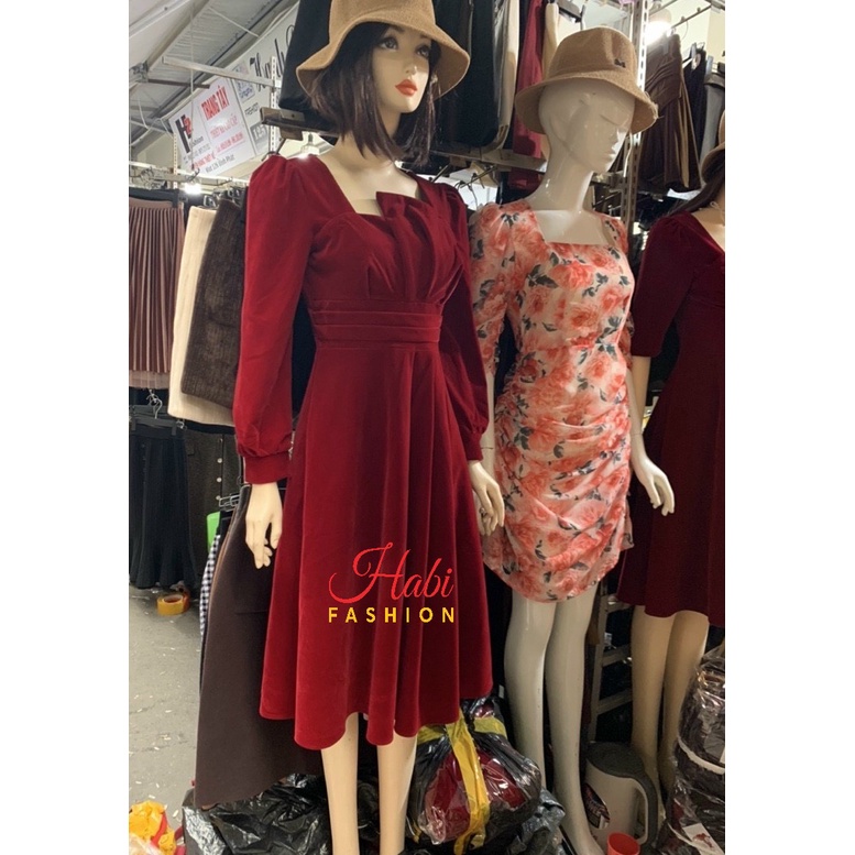 Đầm nhung xòe, Váy nhung thiết kế dự tiệc, đi chơi sang chảnh_Habi Fashion