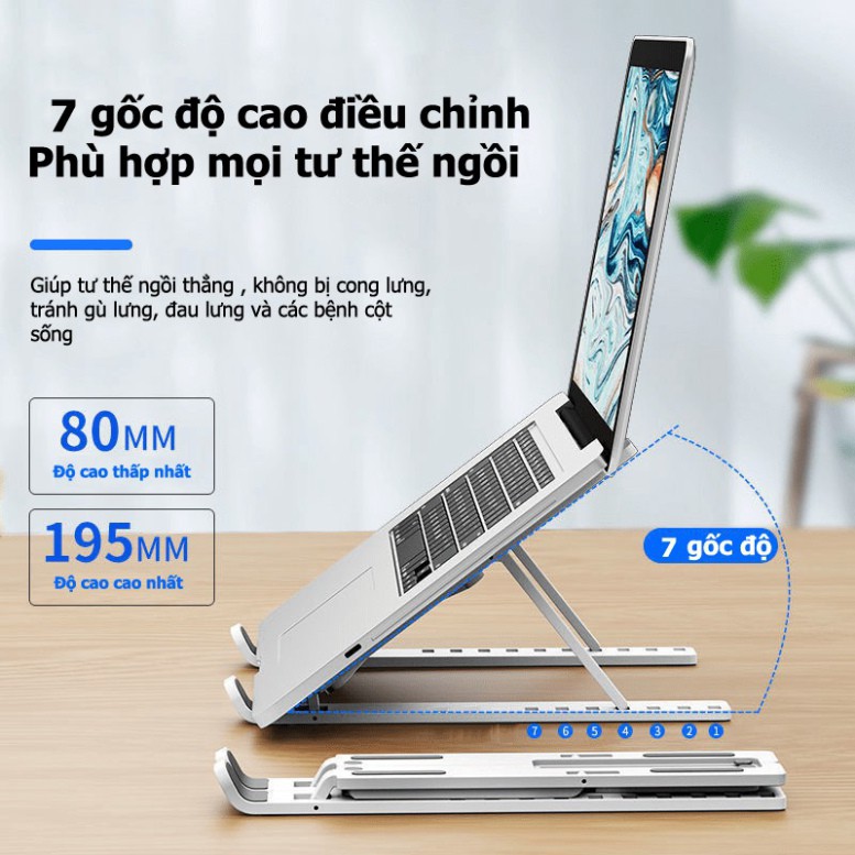 Giá đỡ laptop hỗ trợ tản nhiệt có thể gấp gọn, điều chỉnh nhiều mức độ cao để Laptop, Ipad, Macbook