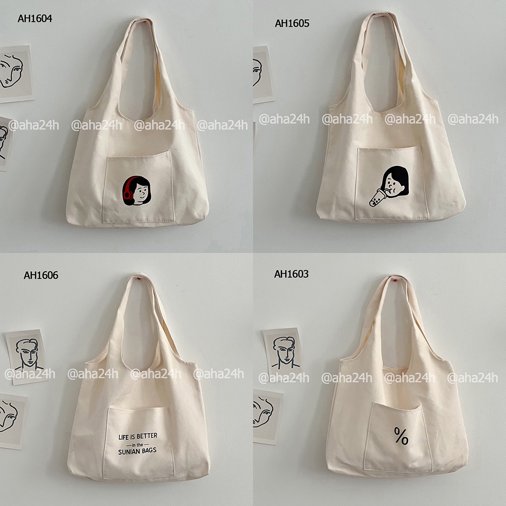 Túi tote vải canvas đi học đi chơi thời trang giá rẻ có túi nhỏ in hình đẹp