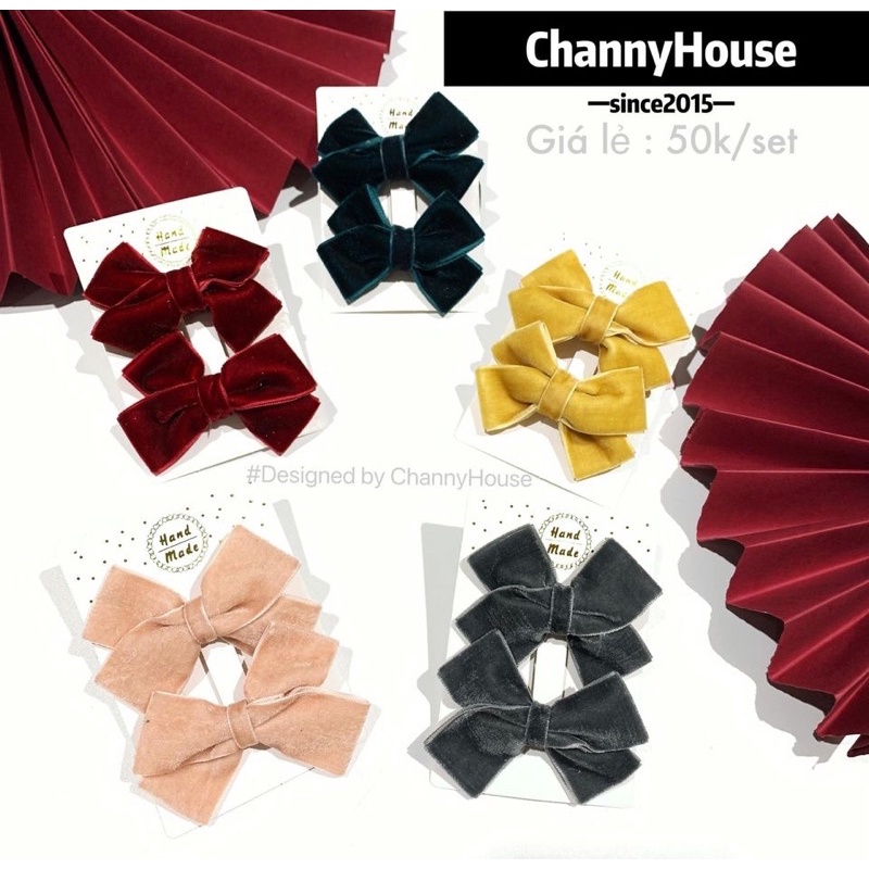 Channyhouse_Set 2 kẹp tóc nơ nhung cho bé nhiều màu xinh