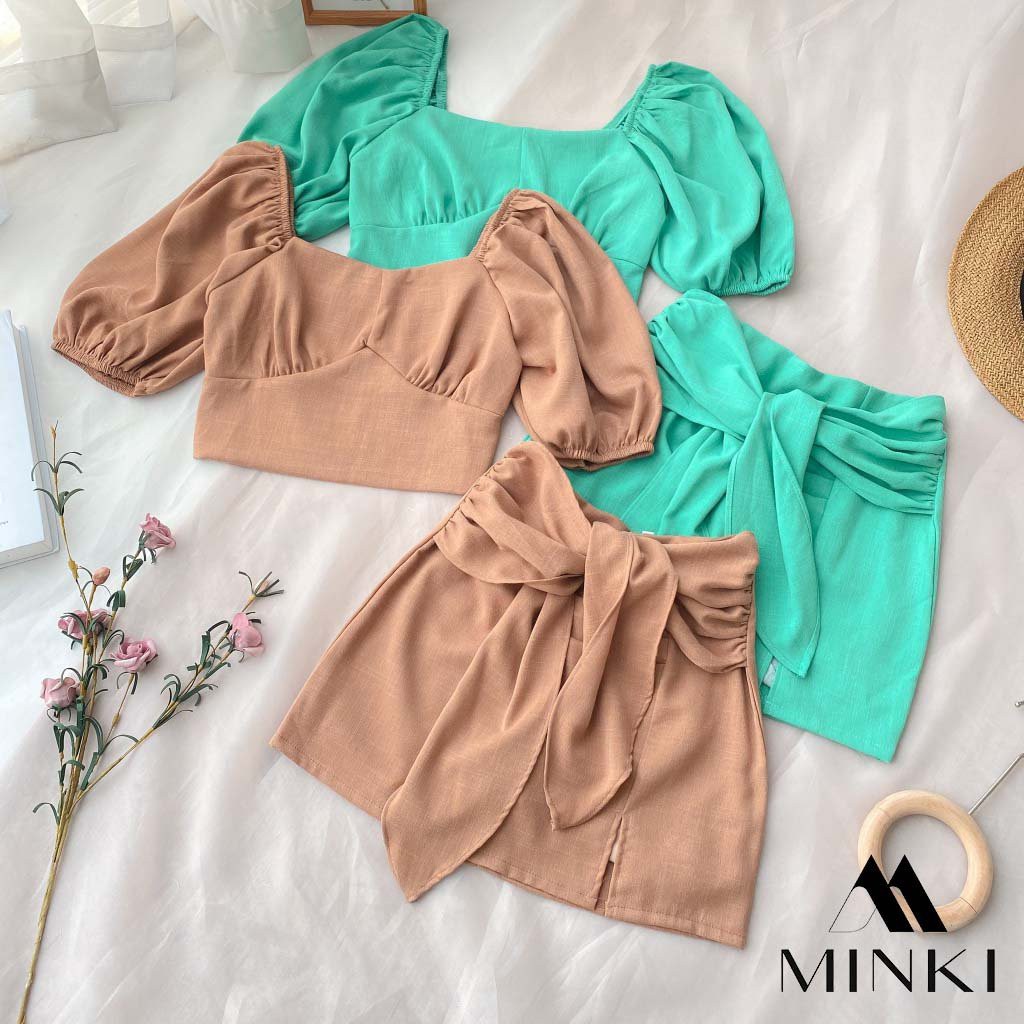 SET ÁO CỔ VUÔNG + CHÂN VÁY CỘT NƠ - CHẤT LIỆU KAKI NHẬP KHẨU - MÀU XANH NGỌC/NÂU TÂY [HÀNG THIẾT KẾ] | BigBuy360 - bigbuy360.vn