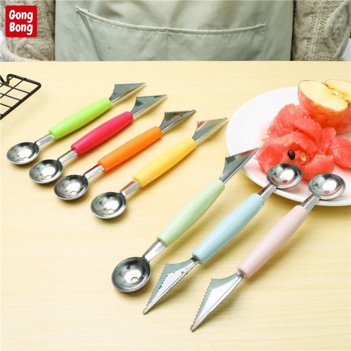 Dao tỉa hoa quả chuyên nghiệp, dụng cụ khắc tỉa 2 đầu inox nạo tạo hình trái cây củ quả thâm mĩ có lỗ tạo viên tròn