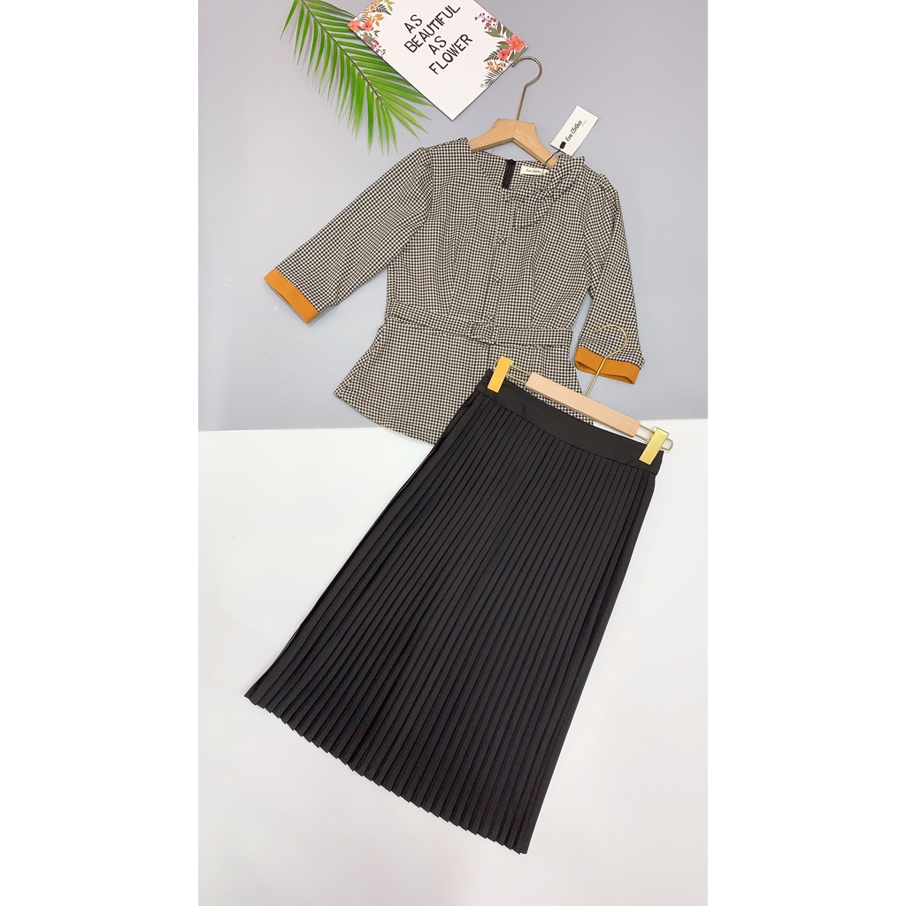 Set váy công sở nữ , Combo áo cổ tròn cúc bọc tay lỡ mix chân váy xếp ly chất liệu kate nhật cao cấp hiện đại | BigBuy360 - bigbuy360.vn