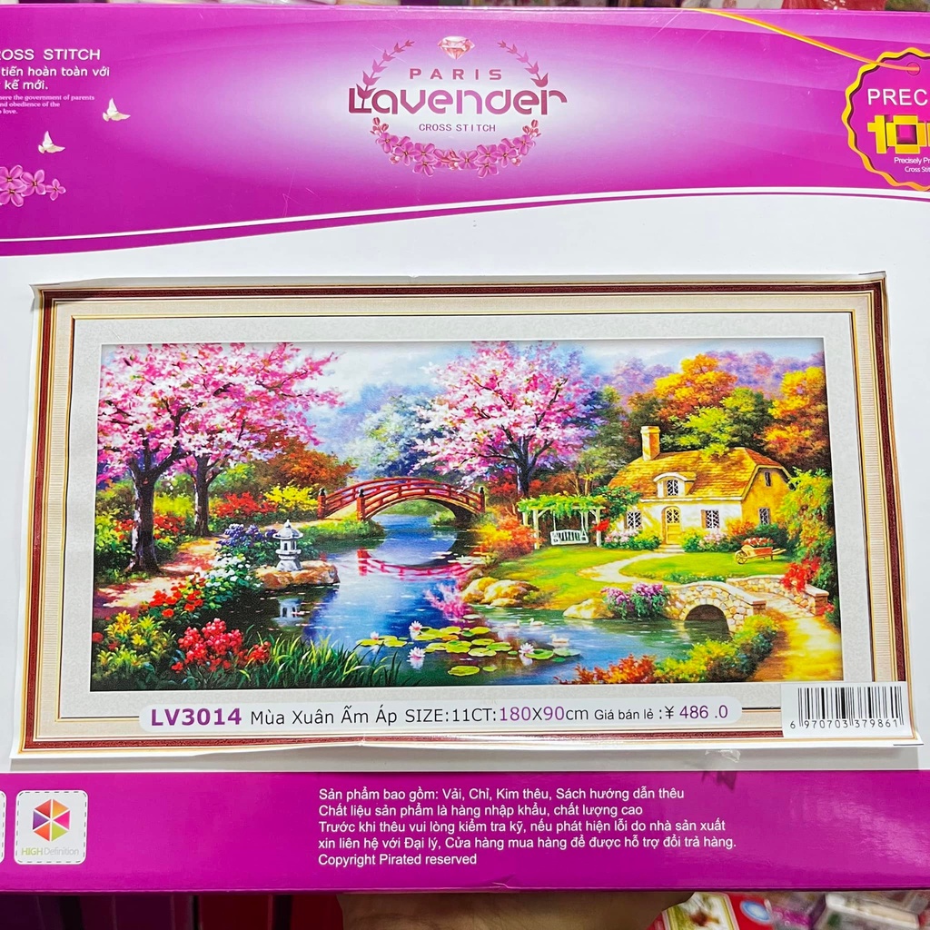 Tranh thêu chữ thập ngôi nhà tổ ấm thêu kín toàn tranh KT:180x90cm, Tranh chưa thêu và chưa khung. Tặng kéo và sỏ chỉ.