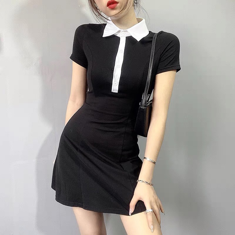 đầm polo ⚡Bán Lỗ⚡Đầm nữ cổ sơ mi dáng ôm body, thun cộc tay màu ĐEN  Ulzzang [v07] | BigBuy360 - bigbuy360.vn