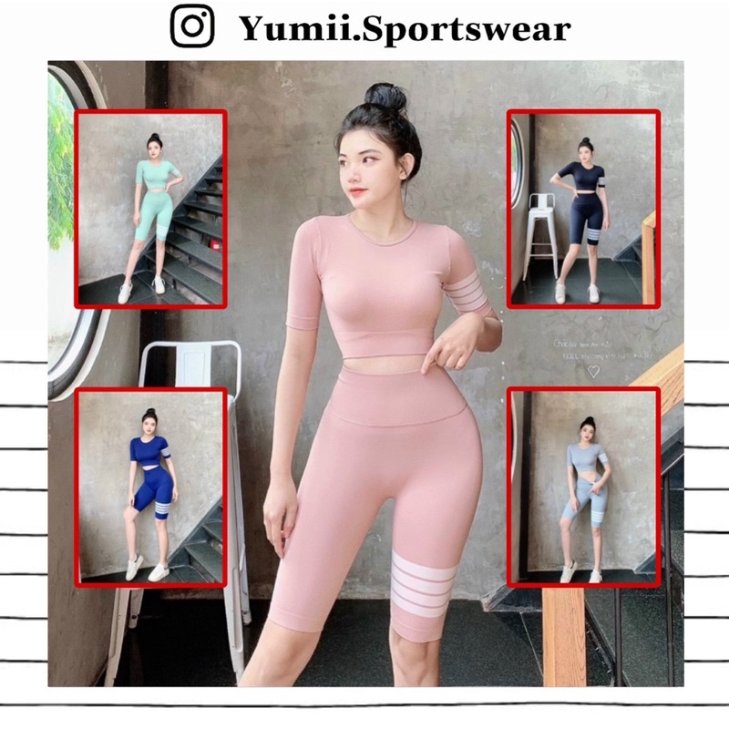 Bộ Quần Áo Thể Thao Tập Gym Yoga Nữ - Set Quần Áo Thể Thao Ngố Thun Dệt Sọc 1 Bên, Áo Dáng Croptop Siêu Xinh