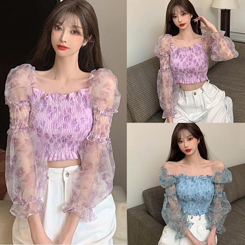 Áo Kiểu Chất Chiffon Tay Dài Cổ Vuông Hoạ Tiết Hoa Nữ Tính