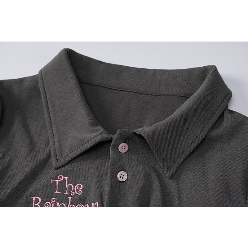 Áo Thun Tay Ngắn Cổ Polo Thêu Chữ Phối Dây Ruy Băng Thắt Nơ Thời Trang Cho Nữ