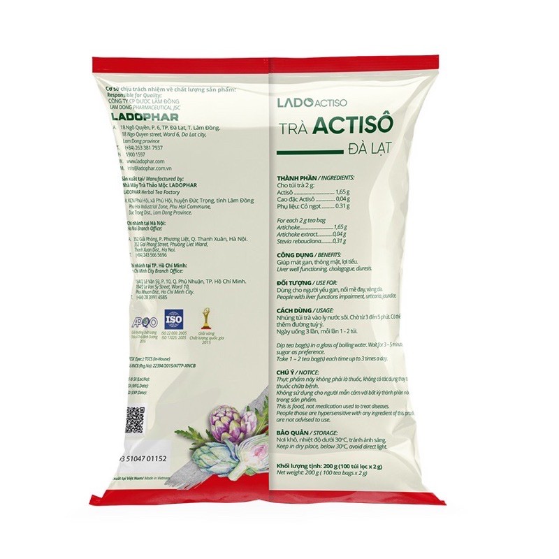 Trà túi lọc Actiso / Atiso Ladophar (Đà Lạt) - Gói 100 túi