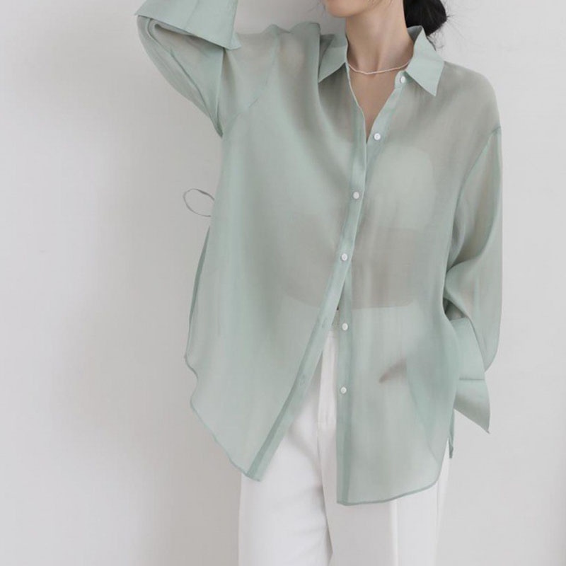 Áo sơ mi IELGY mỏng nhẹ màu trơn xuyên thấu chống nắng dành cho nữ
