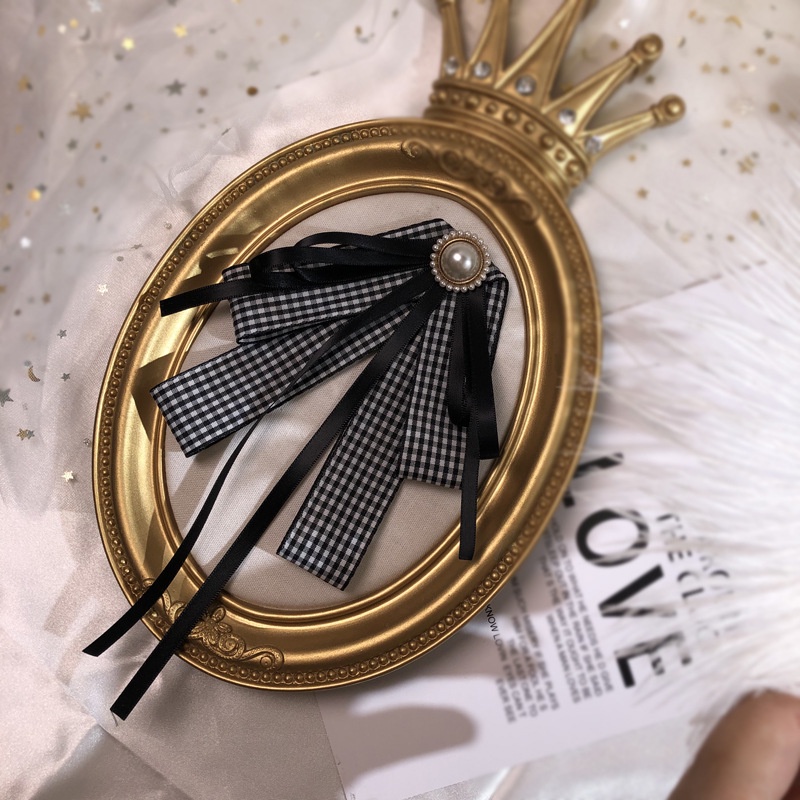 Ghim Cài Áo Hình Nơ Đính Ngọc Trai Giả Màu Đen / Trắng Kiểu Vintage Thời Trang Cho Nữ