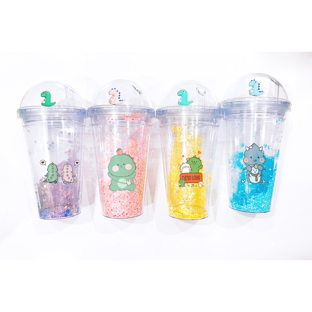 cốc 2 lớp kim tuyến khủng long nắp cầu CNCKI23 cốc giữ nhiệt ly 2 lớp nắp cầu cốc làm lạnh dễ thương 500ml