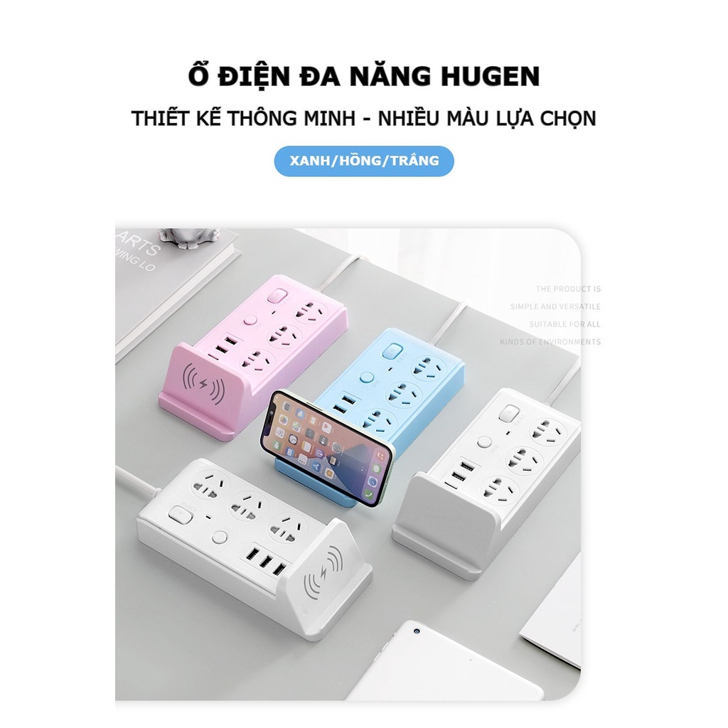 Ổ cắm điện thông minh đa năng hỗ trợ sạc không dây 3 cổng USB 3 ổ điện đa chuẩn phích cắm 2 công tắc chịu tải 2500W dây