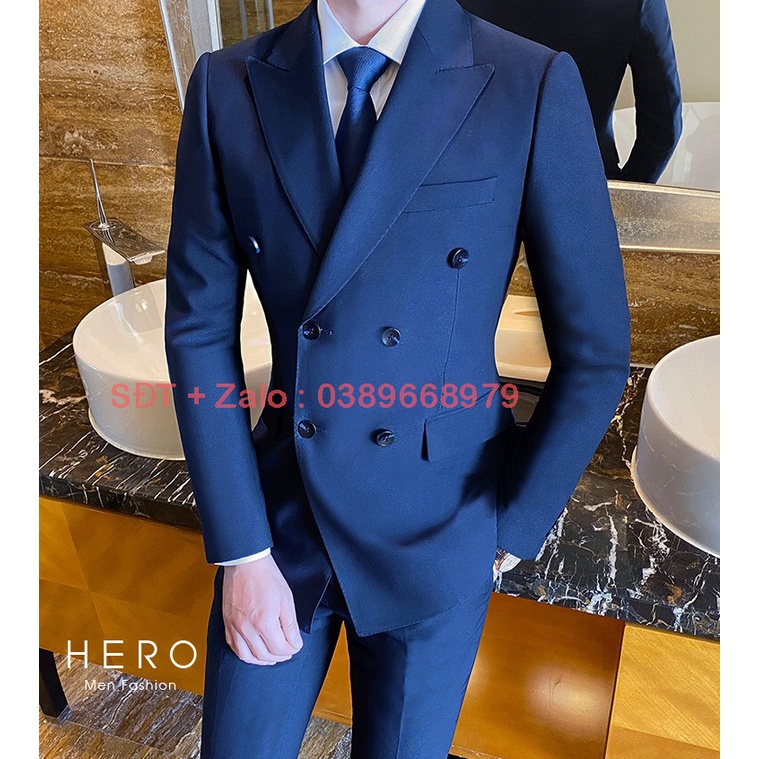 Bộ vest nam thanh niên 6 khuy màu xanh Navy, Bộ suit nam cao cấp chất vải sịn sò.