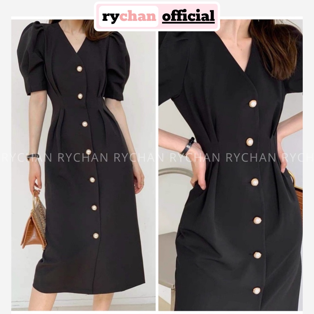 Đầm Váy Nữ Đi Chơi Cổ V Tay Ngắn Phồng Chiết Eo Nút Ngọc Form Dài Thanh Lịch Sang Trọng Màu Đen [ẢNH THẬT CUỐI] - DX9732