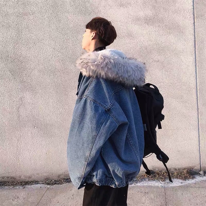 Áo khoác bò lót lông cừu dáng bomber mũ lông siêu dày dáng rộng siêu dày siêu ấm unisex Ulzang ❤️