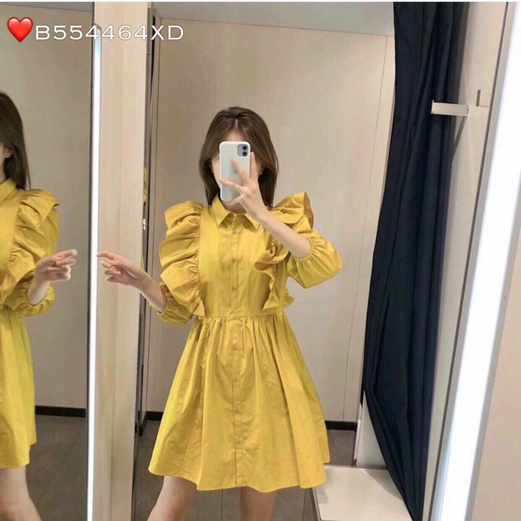 [ Miễn phí ship 2022 ] Đầm vàng babydoll cổ bèo, đầm xòe phối nút cổ sơ mi tay lỡ tiểu thư, đi chơi đi biển