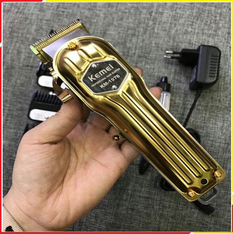 Tông đơ cắt tóc màu Gold Kemei 1976 thân nhôm hợp kim cao cấp lưỡi thép cacbon cao không gỉ sét sắc bén