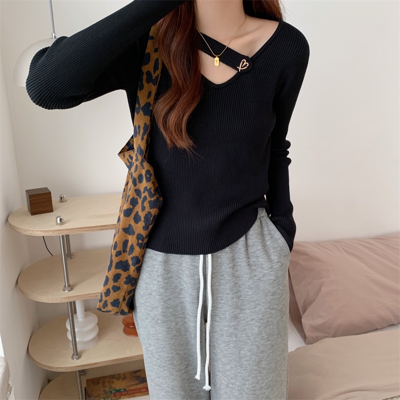 【HangFei】Áo Sweater Dệt Kim Tay Dài Cổ V Thiết Kế Quyến Rũ Cá Tính