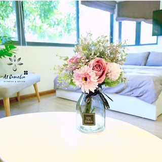 Hoa Decor - Lọ Hoa Hồng Lụa Decor Theo Phong Cách Bắc Âu, Kèm Theo Bình Thủy Tinh Y Như Hình, Trang Trí Phòng Sang Trọng