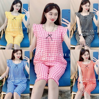 Đồ ngủ lửng tay ngắn vải lụa hàn siêu mát họa tiết caro freesise dưới 53kg