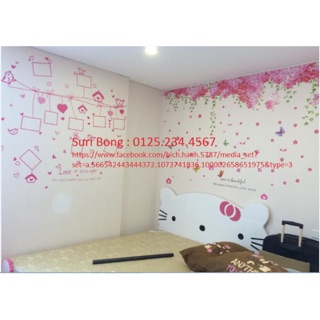 Combo 2 bức kết hợp Decal dán tường hoa anh đào, khung ảnh