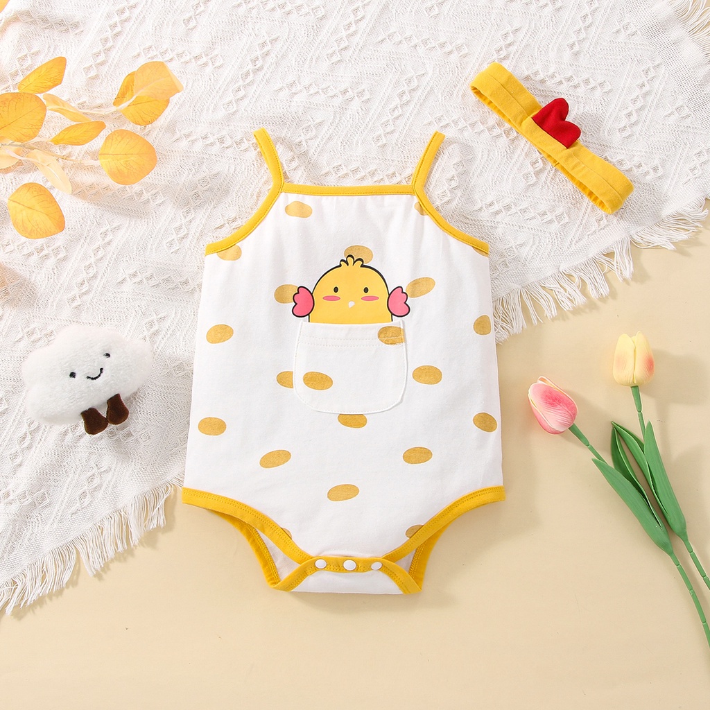 Áo liền quần BCBL ngắn tay in hình gà nhjỏ dễ thương kèm băng đô cho bé