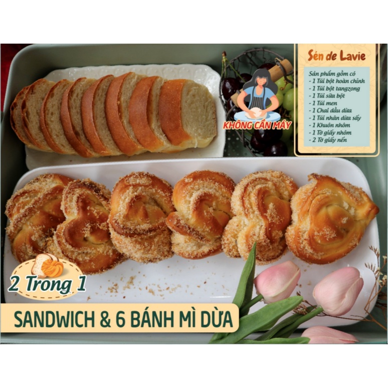 Combo Bánh mì Sandwich & 6 bánh mì dừa - set bột trộn sẵn, nguyên liệu và vật dụng - Sén de Lavie