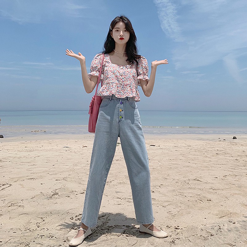 Xiaozhainv Áo nữ tay ngắn in hoa phong cách Hàn Quốc | BigBuy360 - bigbuy360.vn