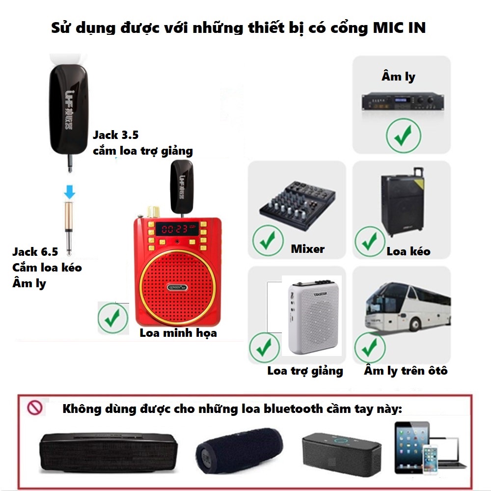 Micro không dây UHF cao cấp kết nối với loa kéo, loa trợ giảng, amly... BẢO HÀNH 1 NĂM