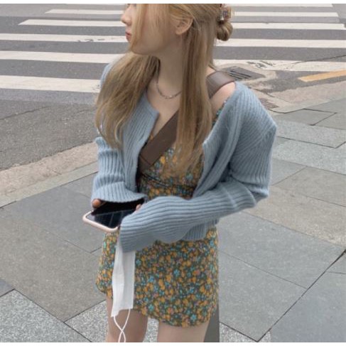 [ CÓ SẴN ] Set đầm hoa Ferrax dáng suông + áo khoác Cardigan xanh