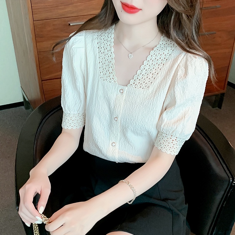 Áo Chiffon Tay Ngắn Cổ Chữ V Phối Ren Xếp Ly Thời Trang Mùa Hè