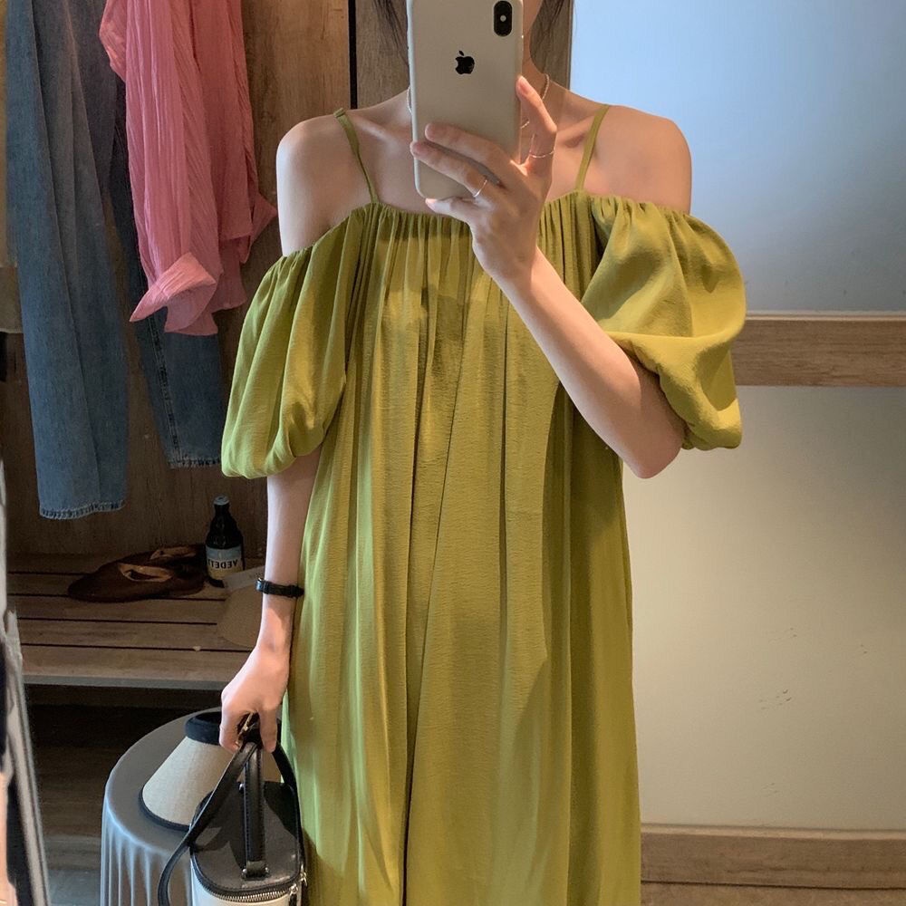 Đầm Hai Dây Dáng Rộng Màu Xanh Lá Mùa Hè Phong Cách Pháp Cổ Điển Thời Trang Cho Nữ