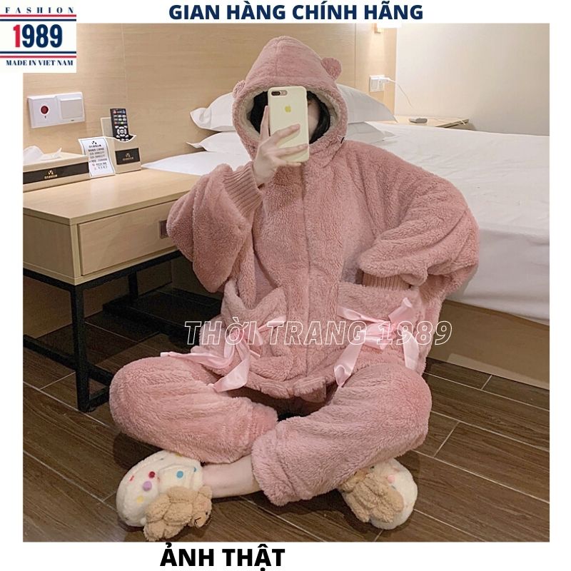Bộ đồ mặc nhà lông cừu ấm áp nơ túi 2 mầu tím hồng ,bộ ngủ lông gấu nữ kute dễ thương -PHƯƠNG 1989
