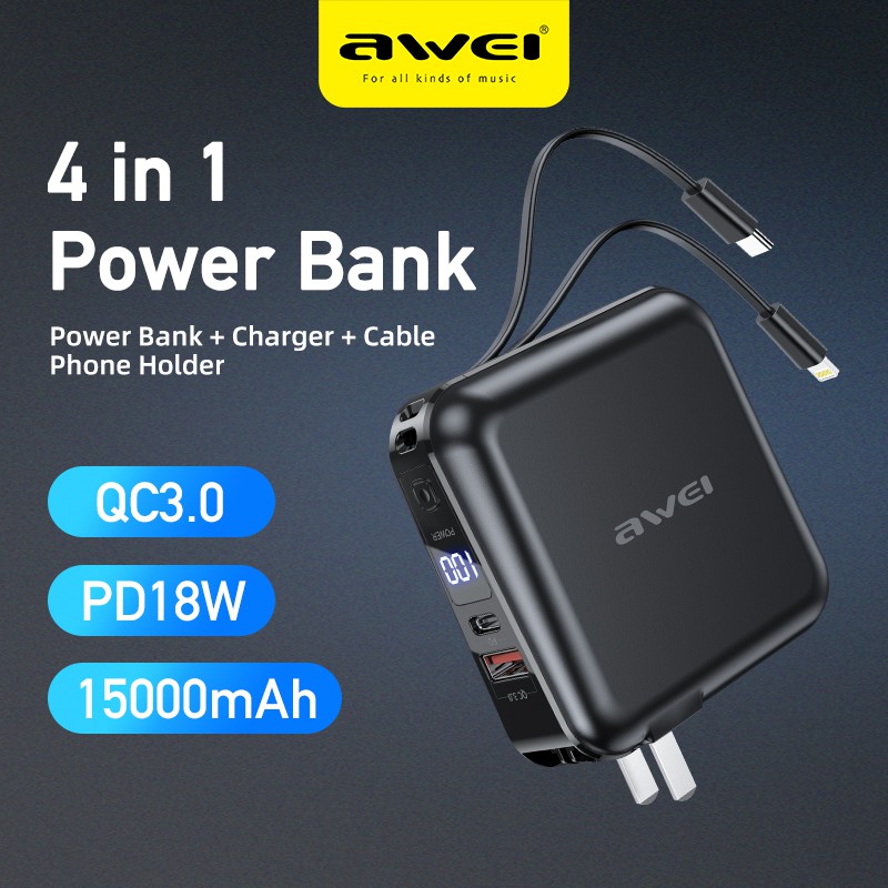 Awei P48K 15000mAh 4 in 1 Portable Multifunctional PD 18W Fast Charging Powerbank