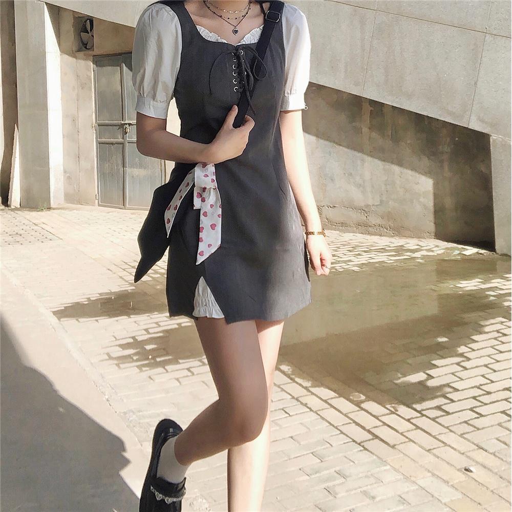 Đầm Ngắn Tay Giả Hai Mảnh Thời Trang Mùa Hè Cho Nữ