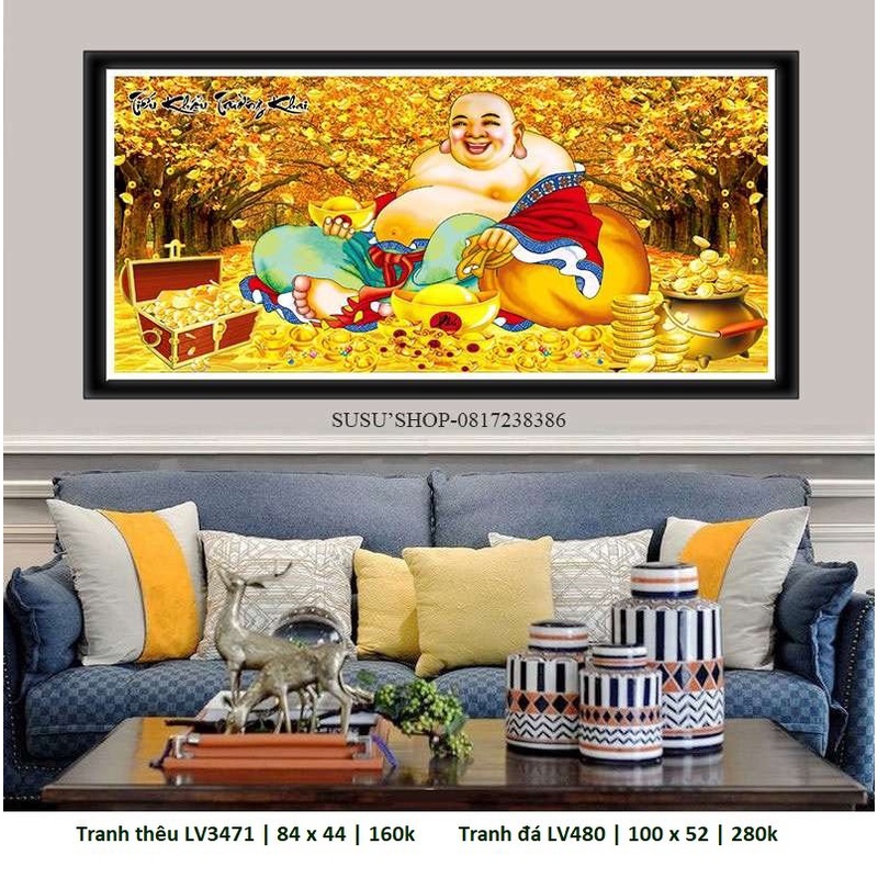 Tranh thêu chữ thập ( giá sỉ) Phật Di Lạc Tiếu Khẩu Trường Khai LV3471 (84x44cm), tranh đá LV480 (100x52cm)