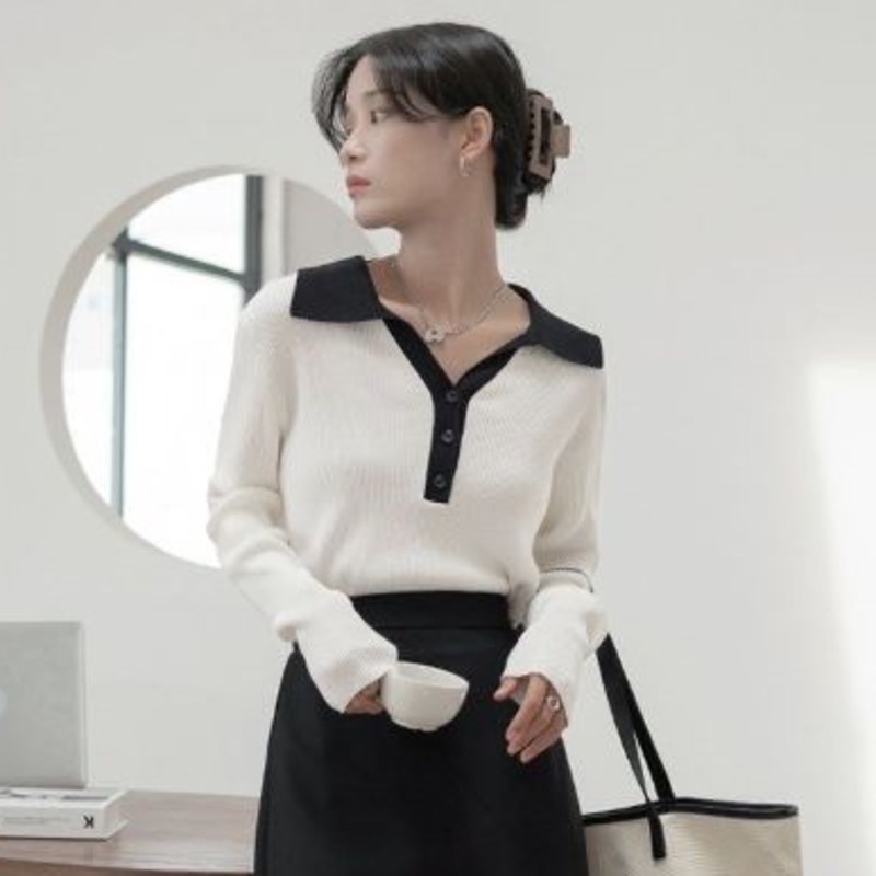 Áo kiểu tay dài cổ polo ôm dáng thời trang xuân thu phong cách Hàn Quốc