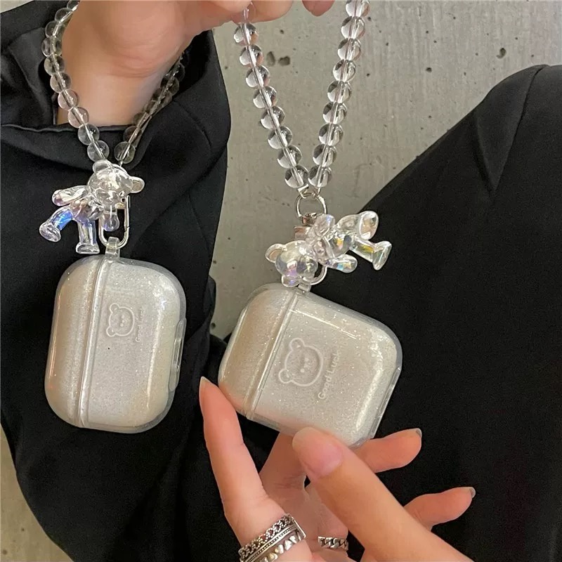 Vỏ Bảo Vệ Hộp Sạc Tai Nghe Bluetooth Không Dây AirPods 1 / 2 / 3 / Pro Trong Suốt Hình Gấu Dễ Thương Kèm Dây Đeo Tiện Dụng