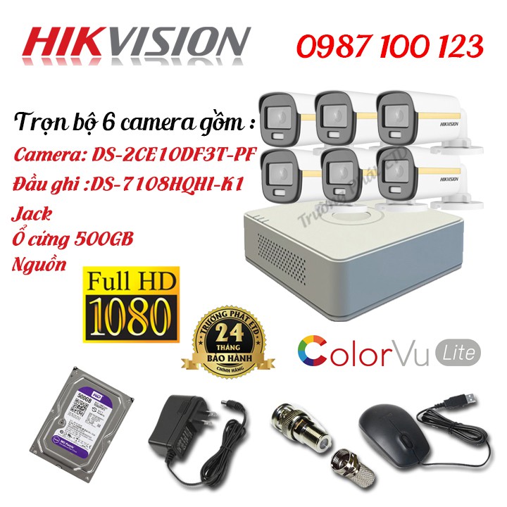 Trọn Bộ (2-8) Camera HIKVISION 2MP Có Màu 24/24 DS-2CE10DF3T-PF full HD1080 - Full Phụ Kiện - Hàng Chính Hãng