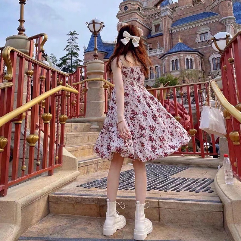 Đầm Mini Hai Dây Dáng Chữ A In Họa Tiết Hoa Phối Nơ Phong Cách Lolita Cổ Điển Cho Nữ