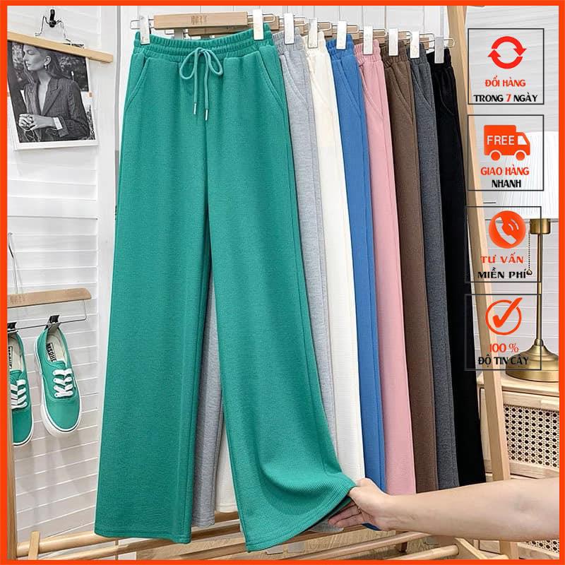 Quần ống rộng suông nữ nỉ tổ ong cạp chun có dây rút phong cách Hàn Quốc