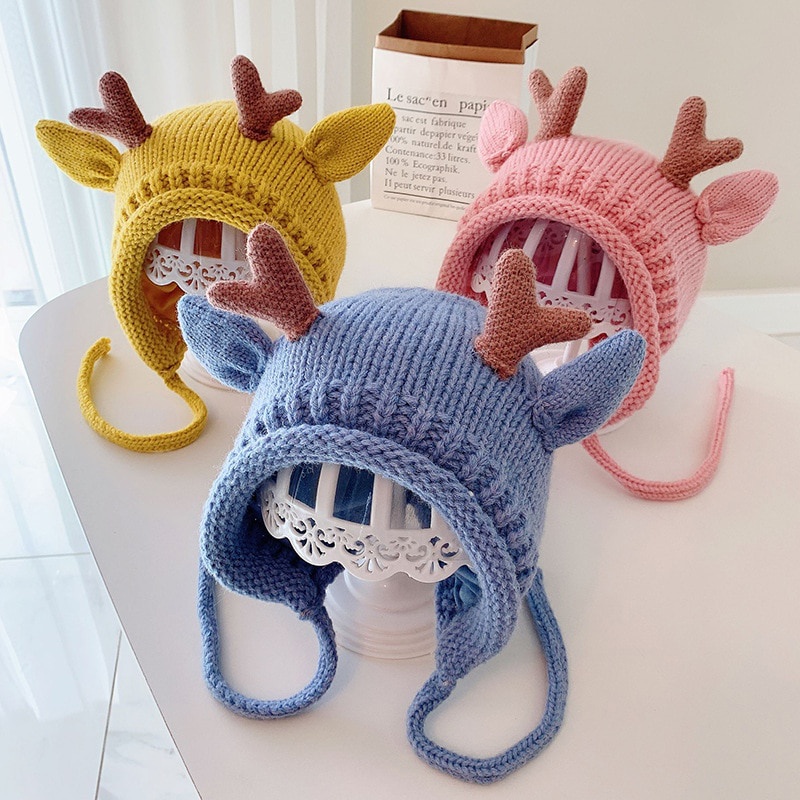Mũ Len Beanie Sừng Tuần Lộc Dễ Thương Cho Bé