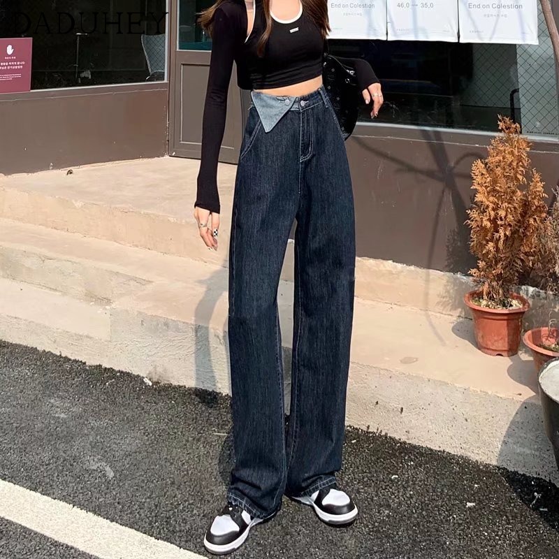 Daduhey Quần jeans dài ống rộng lưng cao thời trang dành cho nữ