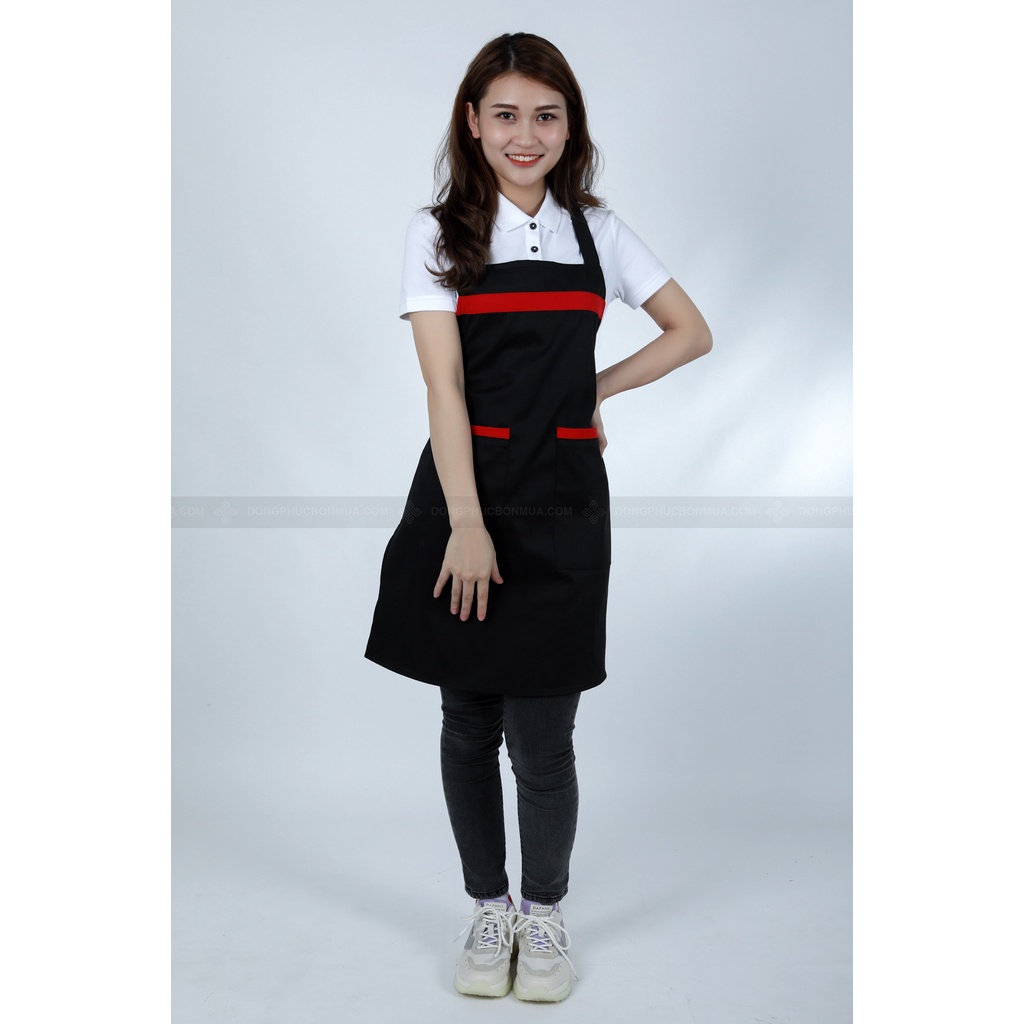 Tạp dề yếm dài phục vụ màu đen phối màu đỏ chất liệu kaki cao cấp dùng trong nhà hàng_DONGPHUCBONMUAOFFICIAL TD1.2.06-1