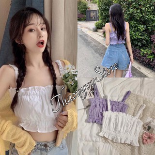 Áo croptop 2 dây đũi , 🌼 thaovystore 🌼, áo dây thun nữ viền bèo, áo croptop 2 dây bèo 2 màu trắng tím